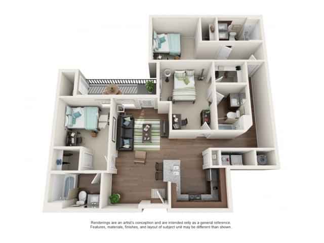 3 Bedroom 3 Bathroom Apartment (1415 Sq.ft)