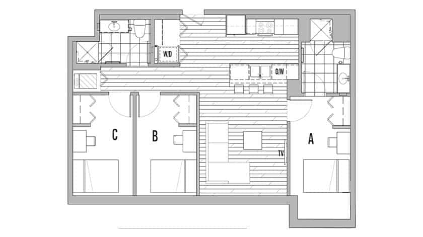3 Bedroom 2 Bathroom Apartment (857 Sq.ft)