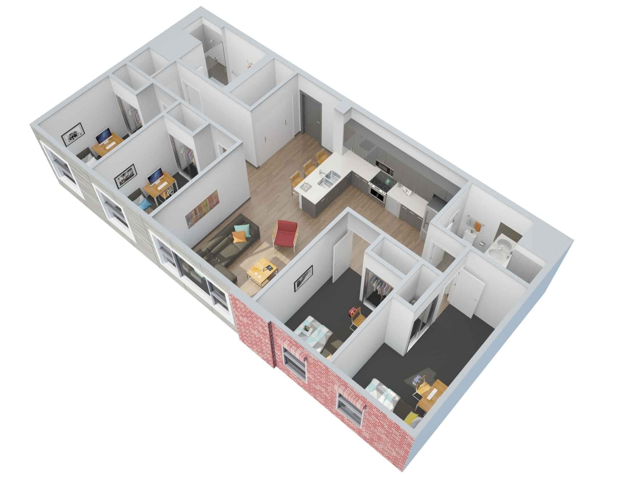 4 Bedroom 2 Bathroom Apartment (1249 Sq.ft)