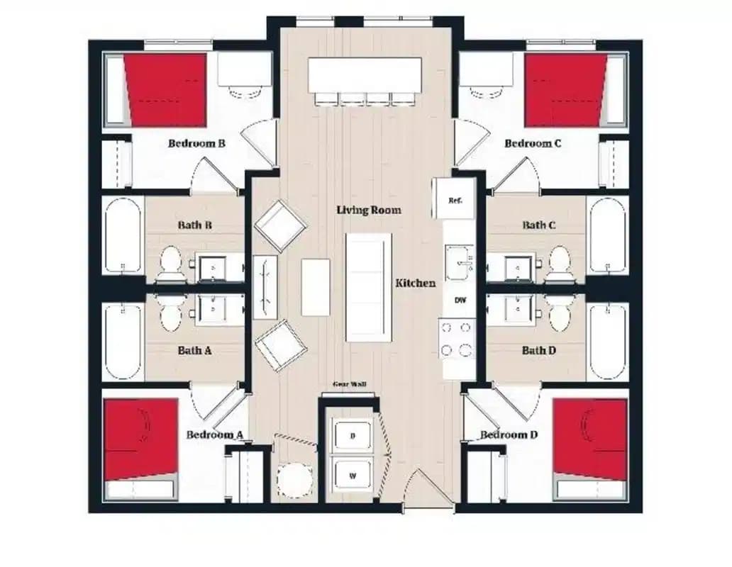 D1 Combo - Private Room - Private Bath (4 Bed - 4 Bath)